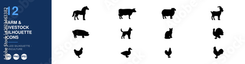 Farm & Livestock Silhouettes Icons Set with Animal Outlines. Agricultural Symbols for Farming, Ranching, and Rural Lifestyle Concepts.