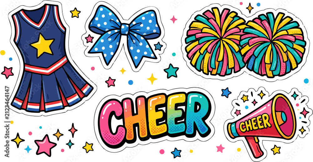 Fototapeta premium Colorful Cheerleading Sticker Bundle with Navy Blue Uniform Dress, Polka Dot Hair Bow, Rainbow Pom Poms, Cheer Text and Megaphone — Cheerleader Cartoon Vector Illustration