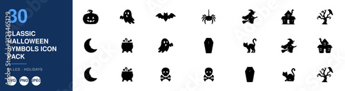 Halloween Symbols Icon Pack with Classic Halloween Motifs. Spooky Design Elements for Festive Decorations and Seasonal Graphics.