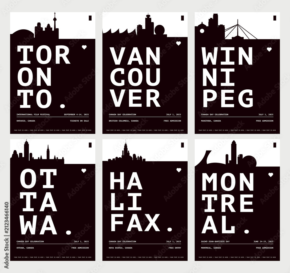 Fototapeta premium Canada typography poster pack with minimalist black and white bold city names, skyline silhouettes for Toronto, Vancouver, Winnipeg, Ottawa, Halifax, Montreal. Brochure, placard, event presentation