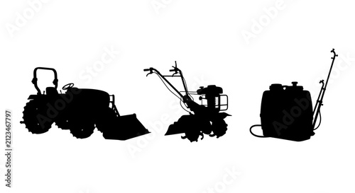 Bild auf Leinwand Silhouettes of gardening equipment on white background with silhouettes tractor