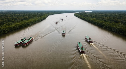 A fleet of cargo ships navigating a wide river through lush green forested banks, showcasing vital riverine transport and logistics.