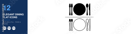 Cutlery Set with Plate and Napkin Icon, Elegant Dining Flat Design. Minimalist Illustration for Restaurant or Catering Concept.
