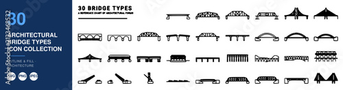 Bridge Types Architectural Icon Collection, Showcasing Thirty Distinct Bridge Designs and Silhouettes. a Comprehensive Set for Architectural
