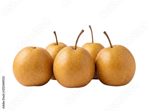 Fresh Asian pears isolated on white. Group of ripe Nashi fruit for healthy food design.