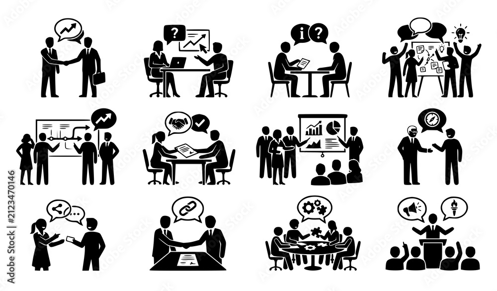 Obraz premium Business Communication and Team Discussion Silhouette Icon Collection Vector