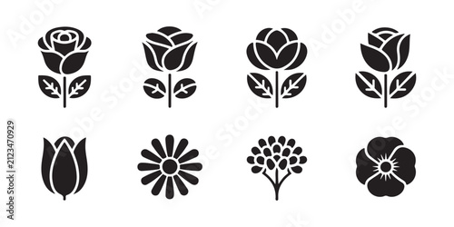 Black flower icon collection featuring roses tulip sunflower and various botanical shapes and designs.