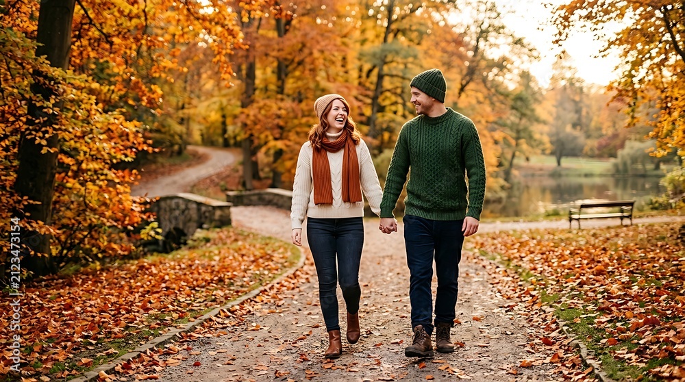Fototapeta premium Couple walking in autumn park. Romantic partners holding hands during fall season.