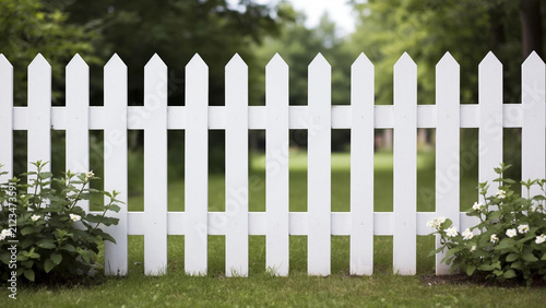 White Wooden Picket Fence in Summer Garden – Rustic Countryside Gate with Green Foliage for Farmhouse Decor, Landscape Design or Suburban Lifestyle Content