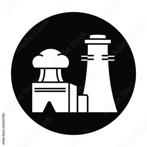 Nuclear Power Plant Icon Featuring Reactor Building and Cooling Tower Silhouette