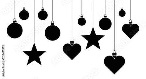 Black christmas ornaments with heart and star shapes hanging from thin strings on white background with stars circles hanging, celebration accessory