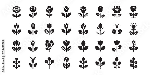 Large set of various floral icons featuring different stem flower silhouettes isolated on transparent.