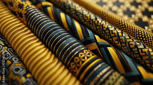 Golden fabric rolls. Luxury textile textures.