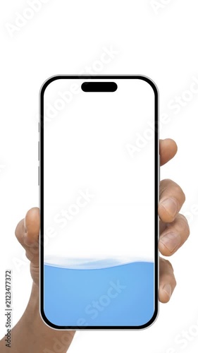 Person holding smartphone with water sloshing inside the screen, blue waves, bubbles, and fresh liquid motion.