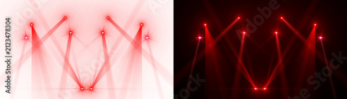 Spotlight beams red lighting shining on concert stage on transparent background. VFX design, theatre stage poster, party, music event.