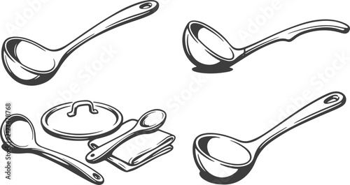 Hand Drawn Soup Ladle Collection Vector Illustration Set with Kitchen Ladles, Serving Spoons and Cooking Utensils.