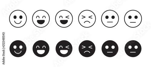 Fotografie Fourteen simple line and solid fill smiley face icons showing different emotions and moods on transparent background