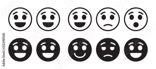 Canvas Print Ten simple black and white smiley face icons showing varied emotions from joy to sadness on transparent background