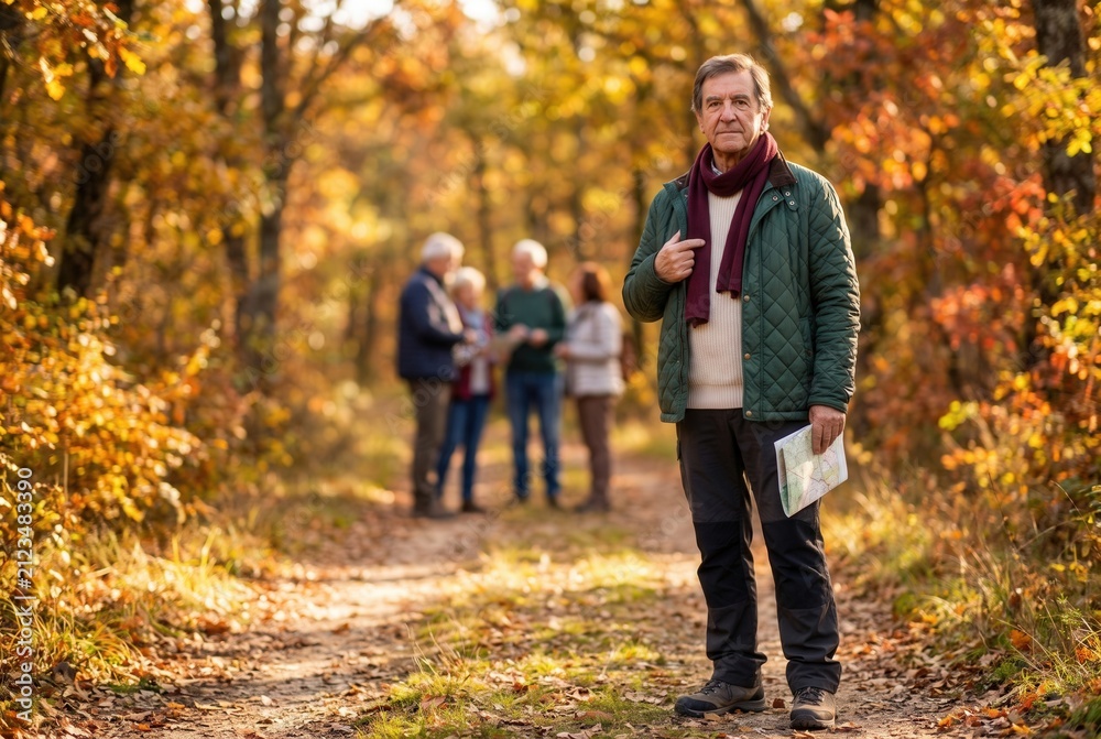 Fototapeta premium Senior man pointing direction while holding a map on an autumn nature trail with friends