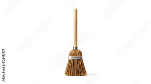 Simple wooden broom with natural bristles on a clean white background