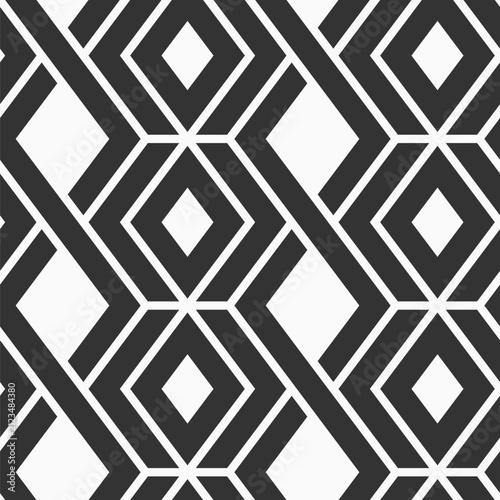 Seamless vector pattern. Abstract geometric background. Rhombuses and intertwining stripes. Repeating geometric ornament with simple geometric shapes. Black and white geometric background.