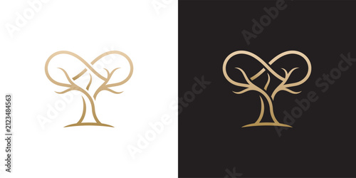Elegant golden tree logo design featuring an infinity symbol concept for growth and longevity in nature-inspired branding