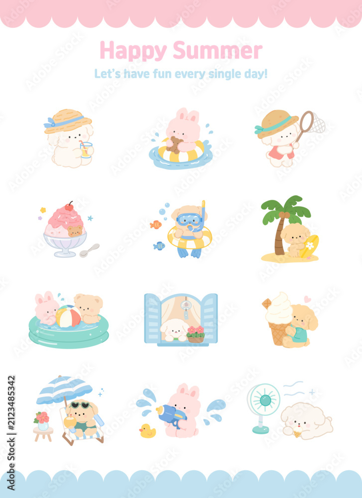 Obraz premium Cute Summer Animal Character Sticker Set Collection