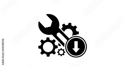 Vector illustration of wrench and gears with download arrow icon on a transparent background