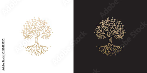 Golden olive tree of life logo design with roots elegant luxury line art emblem vector illustration