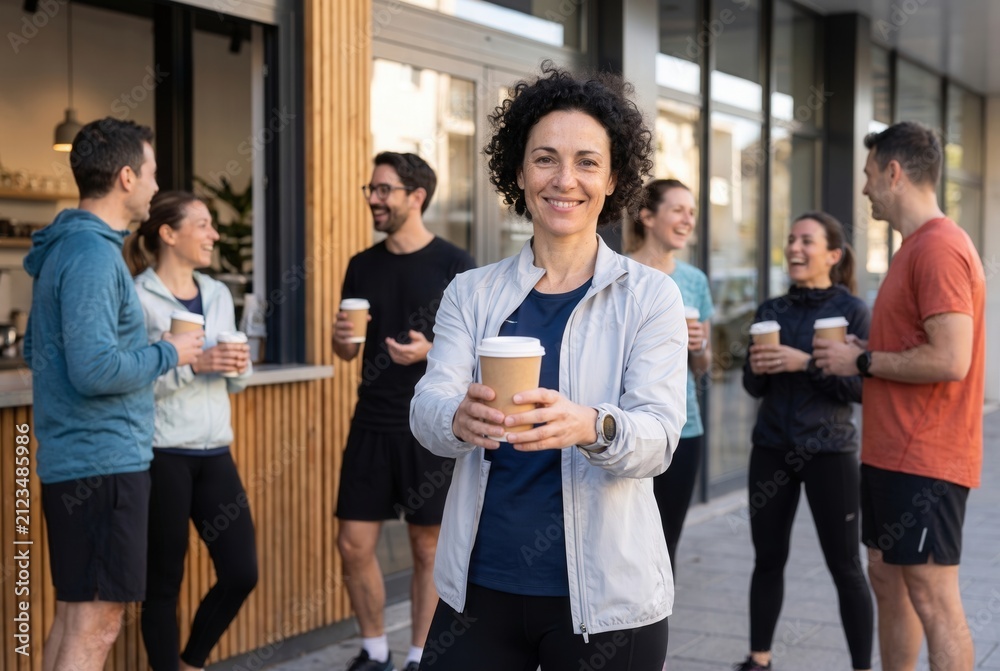 Obraz premium Woman smiling holding coffee cup with friends relaxing after exercising outdoors