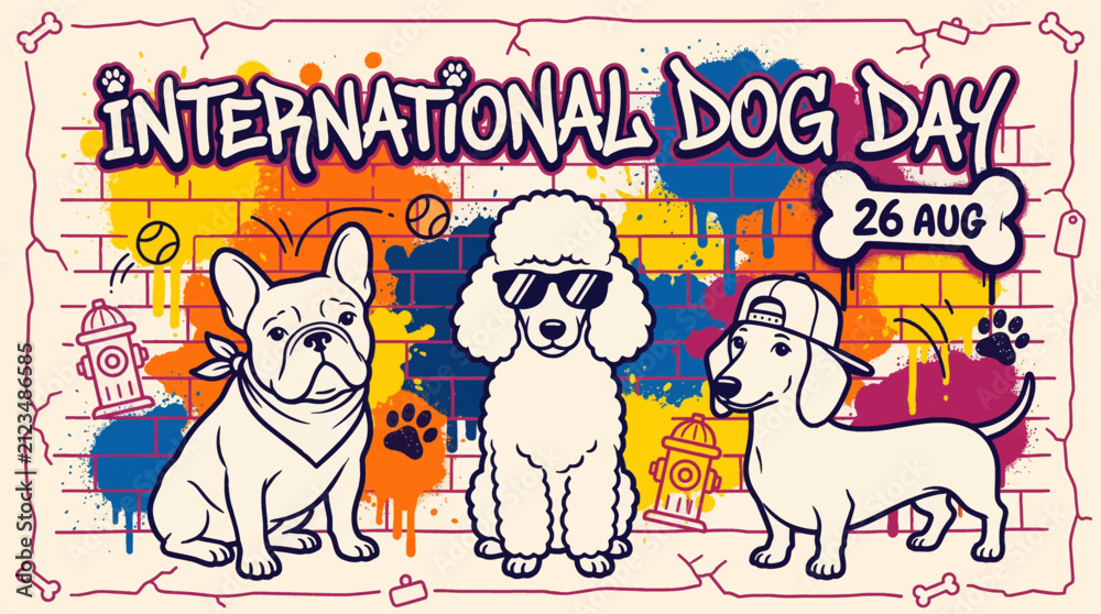 Fototapeta premium Vibrant illustration celebrating three playful dogs on urban themed background for pet holiday with dogs set _ National Dog Day