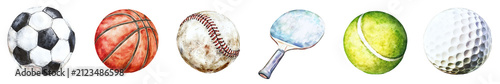 Set collection of watercolor sports balls and objects, isolated on transparent background PNG, template, mockup, cut out