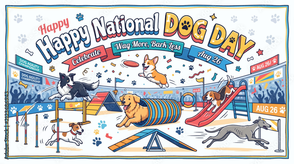 Obraz premium Vibrant illustrated agility event celebrating with energetic canines with competition with depicts lively cartoon _ National Dog Day
