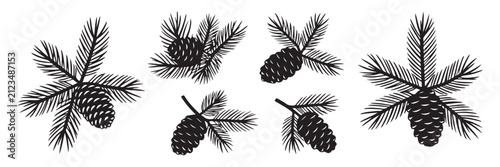 Foto Black pine branch silhouette with cone collection for winter decoration on transparent background art