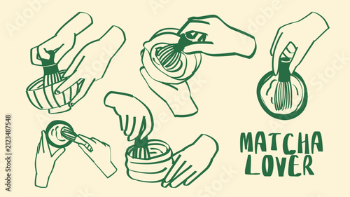 Vector illustration set of hands whisking Japanese matcha green tea in traditional bowl with bamboo whisk. for cafe menu, tea shop packaging, Japanese culture poster, and tote bag print.
