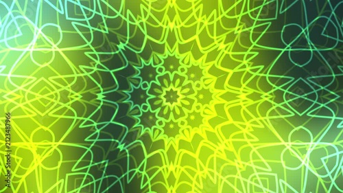Abstract Green and Yellow Geometric Mandala Pattern with Glowing Neon Lines for Modern Digital Background, Wallpaper, and Creative Graphic Design