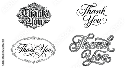 Elegant thank you calligraphy and ornamental design vector set isolated on white background