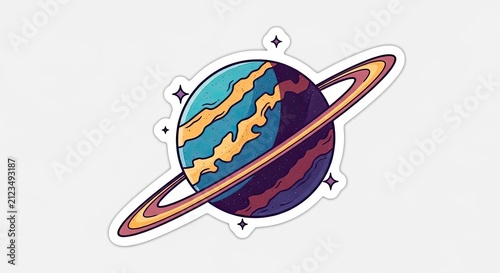 Colorful planet with rings sticker illustration.