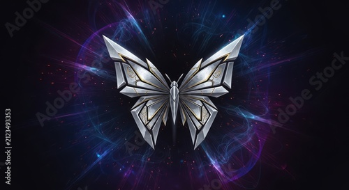 Cybernetic metallic butterfly flying in glowing cosmic space.