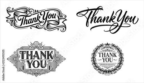 Elegant vintage thank you message designs in black and white isolated on white background