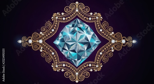 Decorative blue diamond in vintage golden filigree frame.