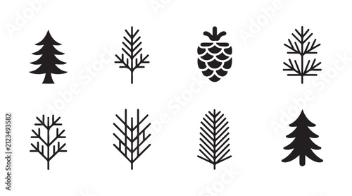 Canvastavla Minimalist pine trees and conifer cone icons collection forest landscape elements vector silhouettes