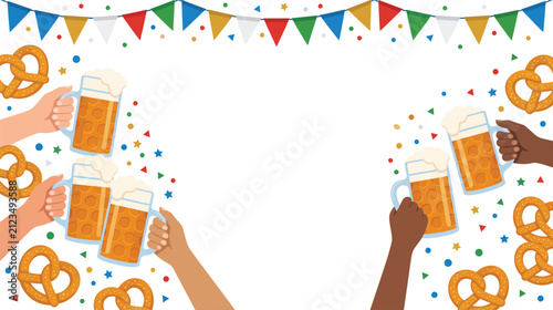 Hands toasting with beer and pretzels at a festive celebration.
