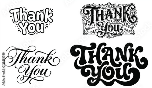 Elegant thank you text designs in black and white styles isolated on white background