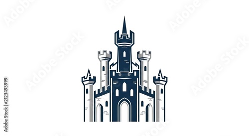 Detailed blue medieval castle silhouette with towers and flags.