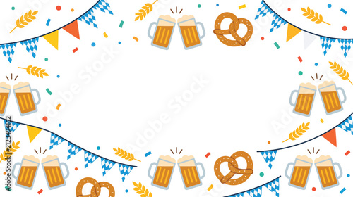 Festive Oktoberfest border featuring beer mugs and pretzels for celebration.