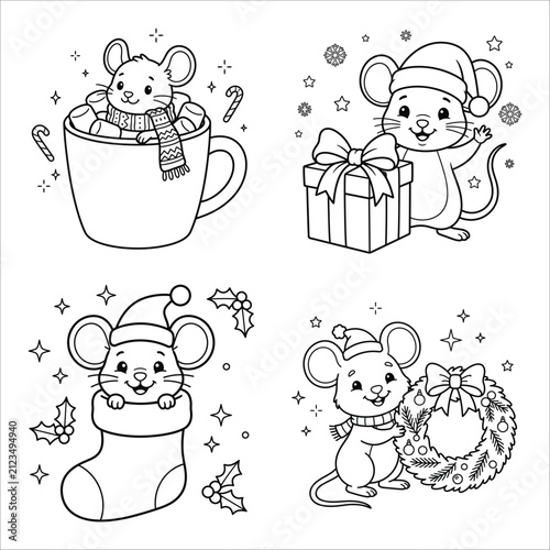 Cute cartoon mice enjoying festive holiday activities isolated on white background