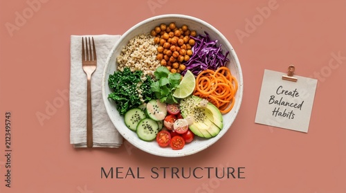 Nutritious Buddha bowl with fresh vegetables quinoa and chickpeas on solid background with balanced habits note and fork. Ideal for promoting healthy eating habits and structured daily meal plans now.