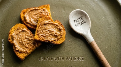 Nutritious toasted bread topped with creamy peanut butter sits on an elegant green ceramic plate beside a white spoon, showcasing the mindful concept of creating breakfast with patience and quality