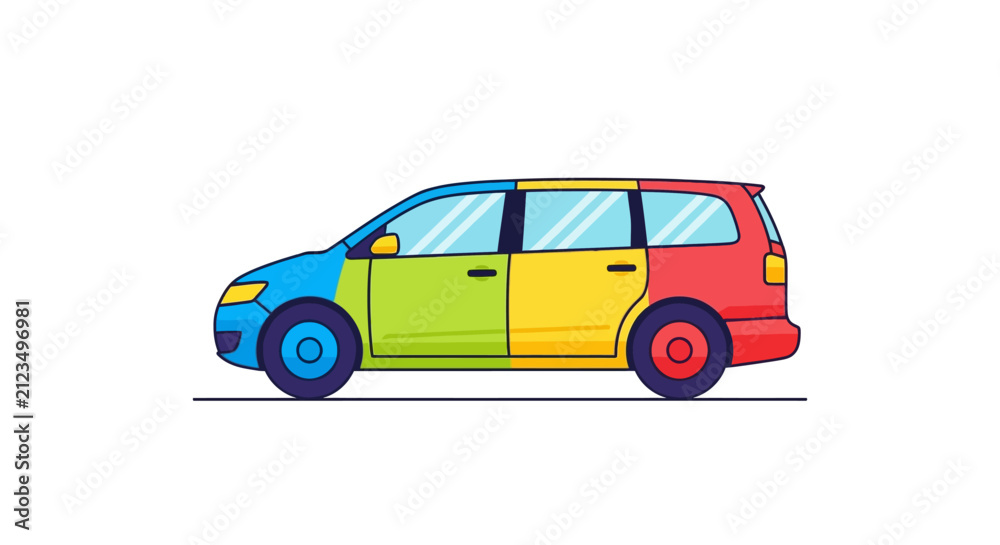 Obraz premium Colorful cartoon minivan vehicle side view.